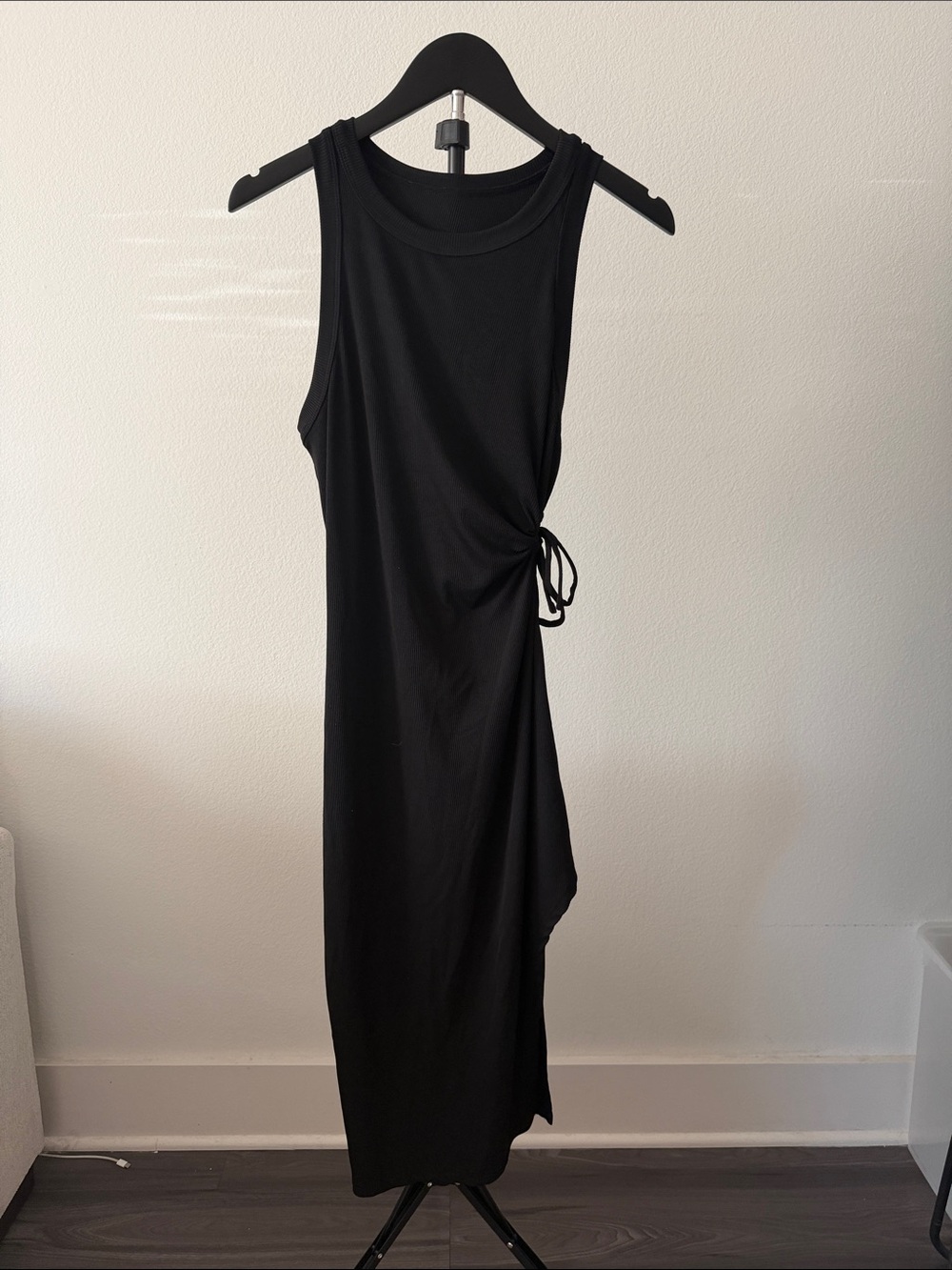 Sleeveless Black Midi Dress with Side Tie Detail